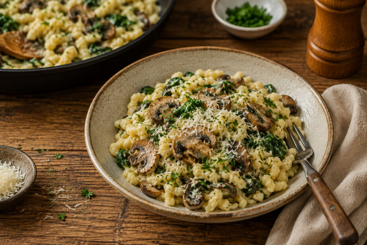Servierte Portion der cremigen Spätzle-Pfanne mit Champignons und Spinat in rustikaler Schale, Pfanne im Hintergrund.