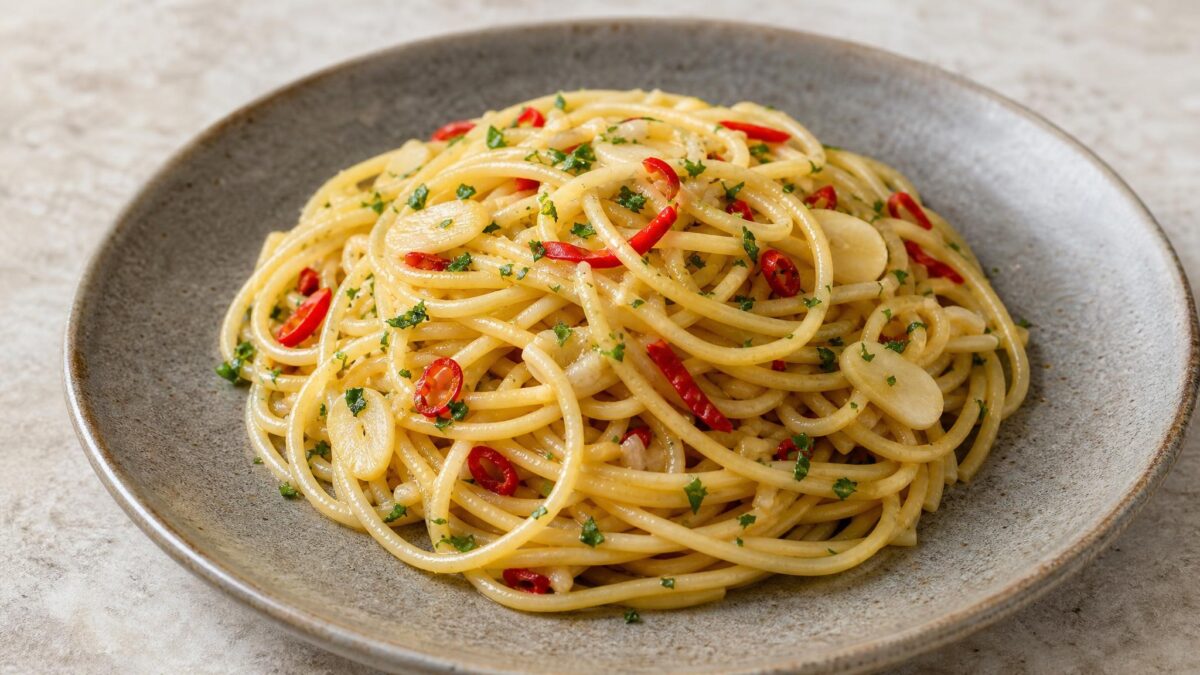 Hauptansicht des fertigen Gerichts. Rezept: Spaghetti mit Knoblauch, Chili und Petersilie