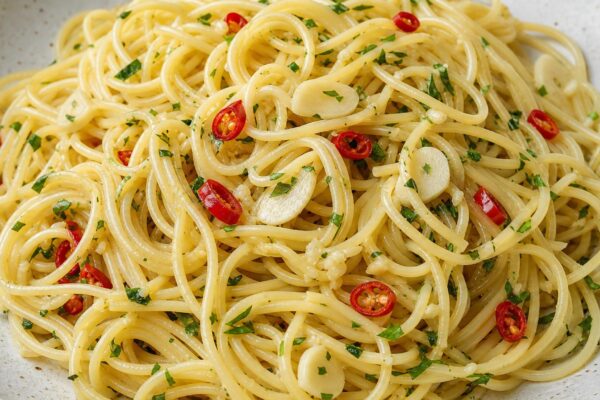 Fertiges Gericht aus einer alternativen Perspektive. Rezept: Spaghetti mit Knoblauch, Chili und Petersilie
