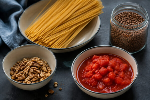 Zutaten- und Vorbereitungsansicht. Rezept: Spaghetti mit Linsen-Walnuss-Bolognese
