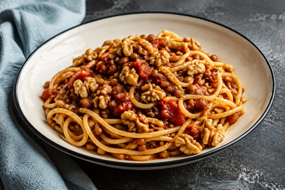 Fertiges Gericht aus alternativer Perspektive. Rezept: Spaghetti mit Linsen-Walnuss-Bolognese
