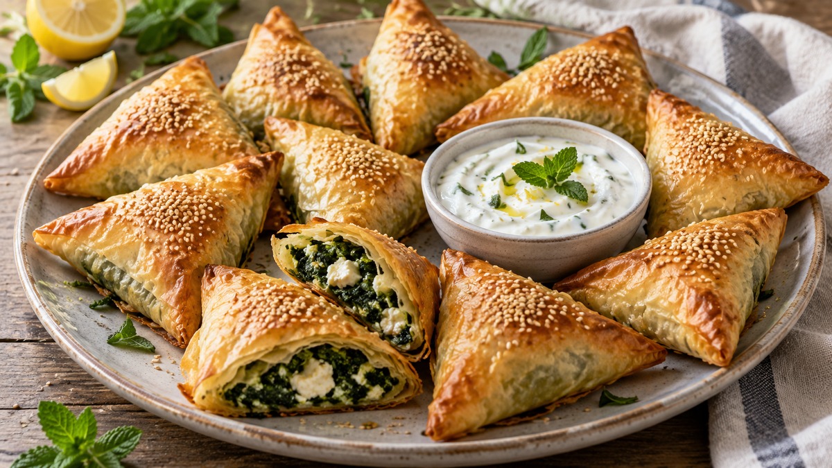 Spinat-Feta-Börek-Dreiecke mit Joghurtdip: Fertiges Gericht als Hauptmotiv.