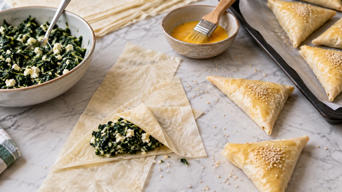 Spinat-Feta-Börek-Dreiecke mit Joghurtdip: Zutaten und realer Vorbereitungsschritt.
