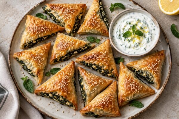 Spinat-Feta-Börek-Dreiecke mit Joghurtdip: Fertiges Gericht aus anderer Perspektive.