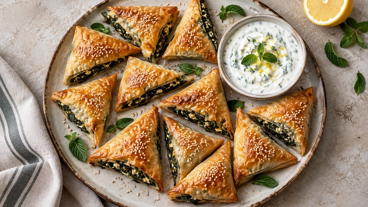 Spinat-Feta-Börek-Dreiecke mit Joghurtdip: Fertiges Gericht aus anderer Perspektive.