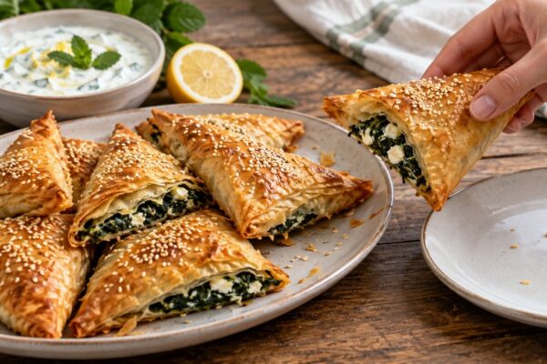 Spinat-Feta-Börek-Dreiecke mit Joghurtdip: Aktive Anrichte- oder Servierszene.