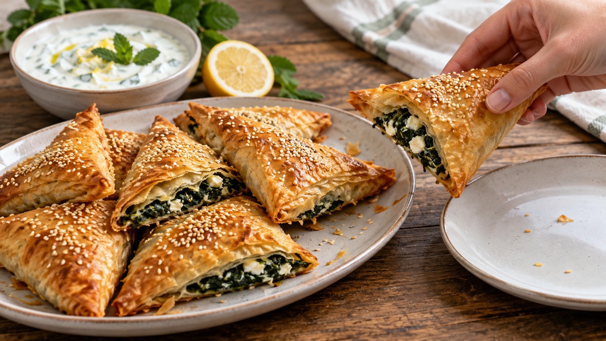 Spinat-Feta-Börek-Dreiecke mit Joghurtdip: Aktive Anrichte- oder Servierszene.