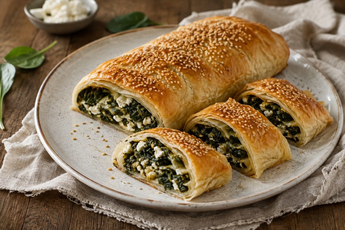 Großer goldbrauner Spinat-Feta-Strudel mit Sesam auf einem hellen Teller, angeschnitten mit sichtbarer grüner Füllung.