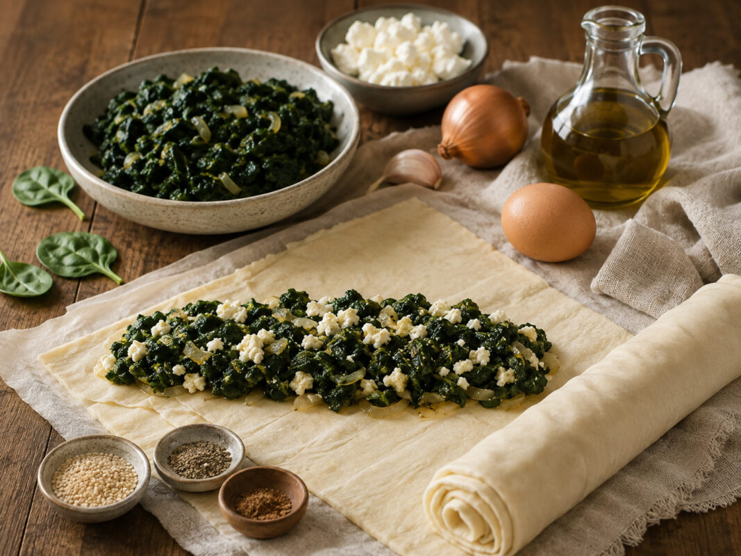 Zutaten- und Vorbereitungsansicht mit Blätterteig, Spinat-Feta-Füllung und Sesam im gleichen rustikalen Bildstil.