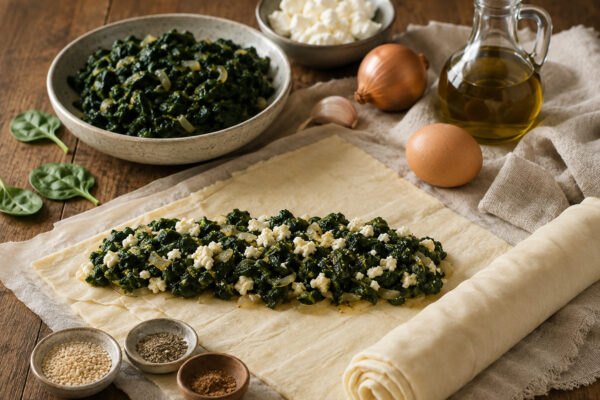 Zutaten- und Vorbereitungsansicht mit Blätterteig, Spinat-Feta-Füllung und Sesam im gleichen rustikalen Bildstil.