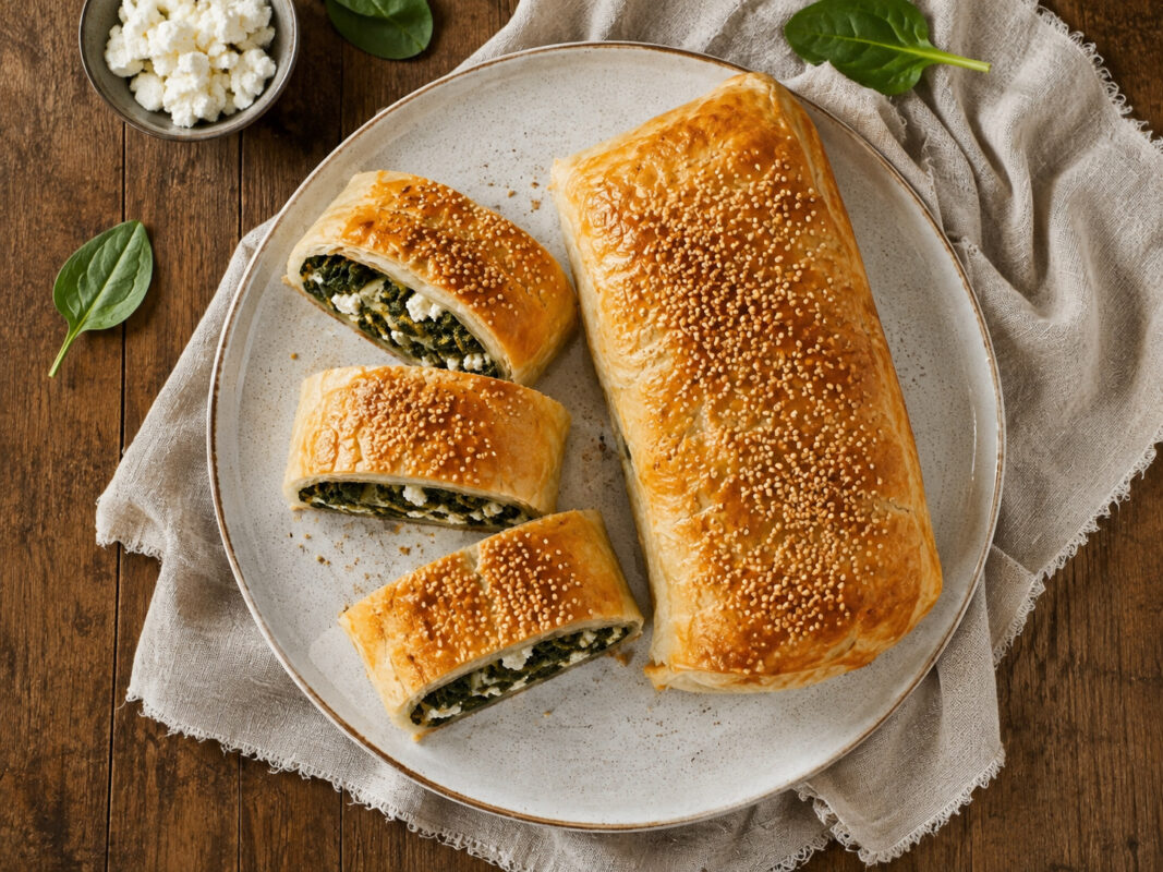 Draufsicht auf den fertig gebackenen Spinat-Feta-Strudel mit Sesam auf hellem Teller in derselben Bildwelt.