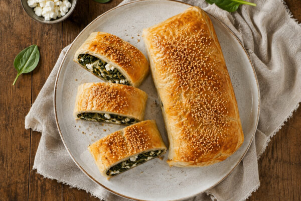 Draufsicht auf den fertig gebackenen Spinat-Feta-Strudel mit Sesam auf hellem Teller in derselben Bildwelt.