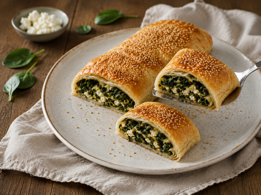Serviersituation mit einer entnommenen Portion des Spinat-Feta-Strudels und sichtbarer Füllung im gleichen Stil.