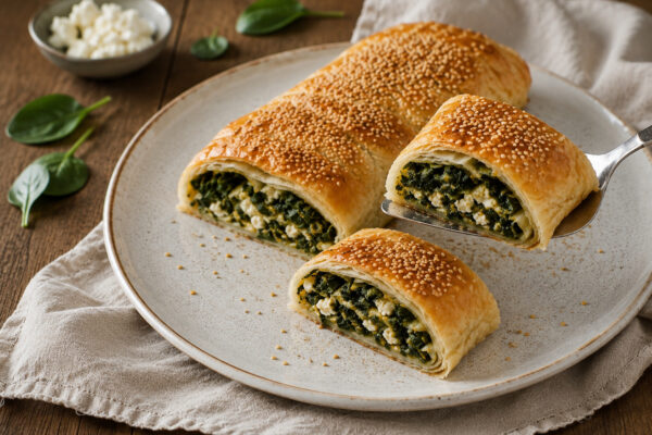 Serviersituation mit einer entnommenen Portion des Spinat-Feta-Strudels und sichtbarer Füllung im gleichen Stil.