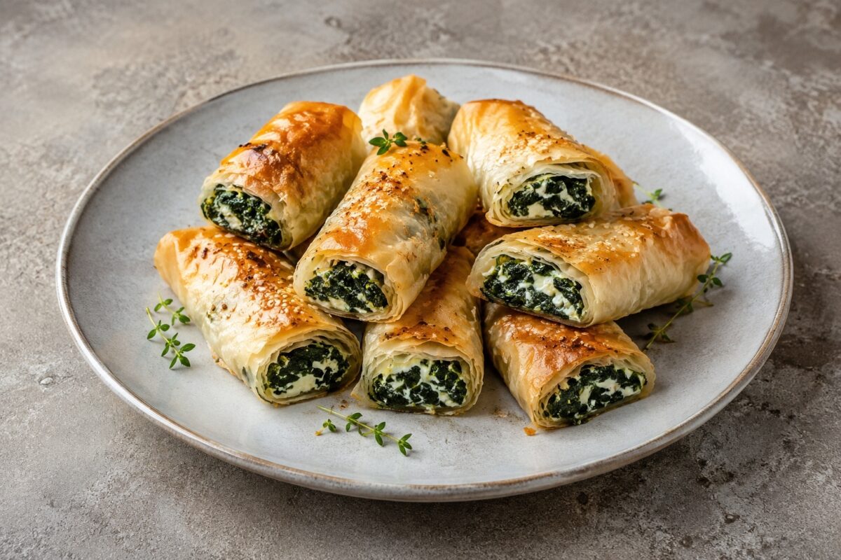 Mehrere goldbraune Filoteigröllchen, teils angeschnitten, mit sichtbarer Spinat-Frischkäse-Füllung.