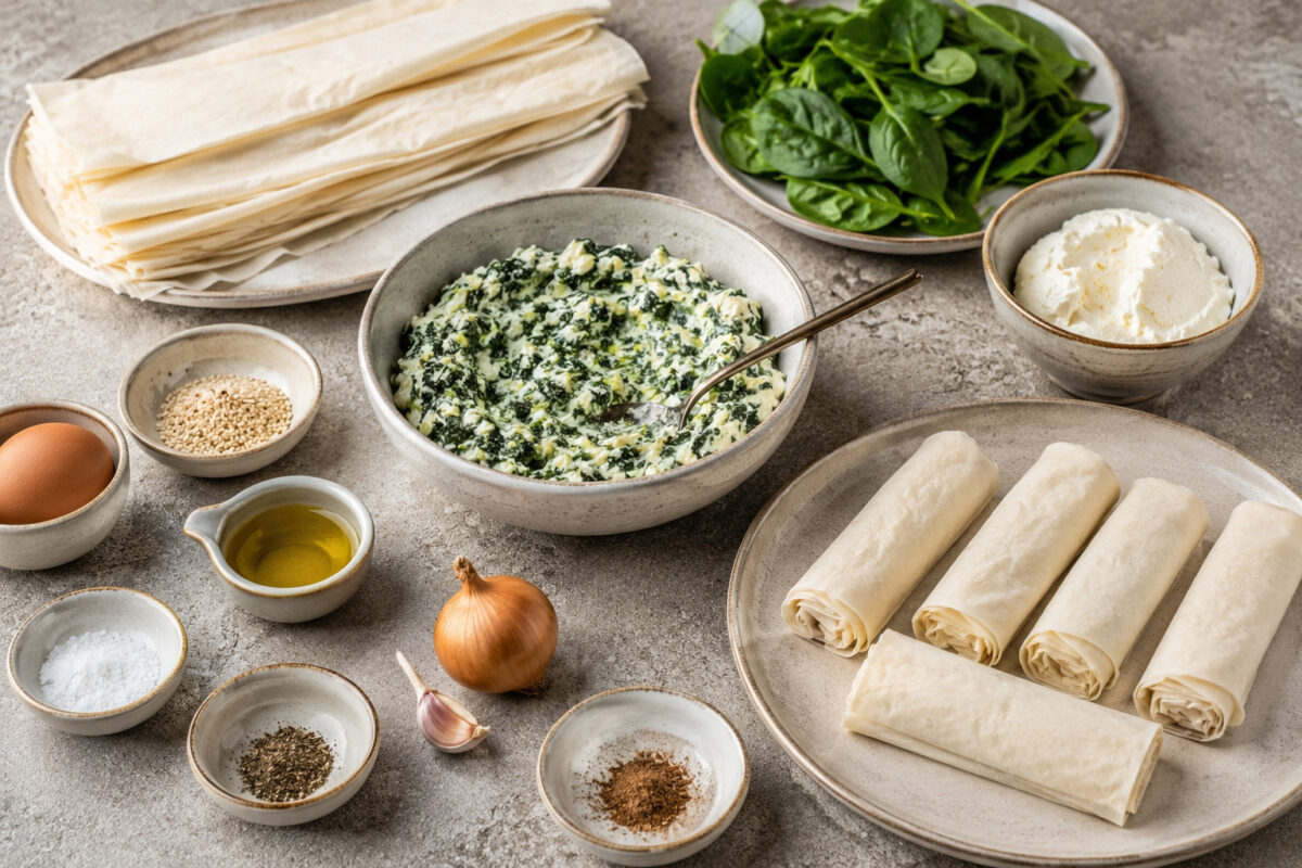 Zutaten- oder Vorbereitungsansicht mit Filoteigblättern, Blattspinat, Frischkäse, Zwiebel, Knoblauch, Ei, Sesam, Olivenöl, Salz, Pfeffer und Muskat sowie vorbereiteten ungebackenen Röllchen.