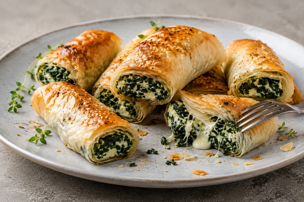Alternative Servier- und Detailaufnahme der fertigen Spinat-Frischkäse-Röllchen mit sichtbarer cremiger Füllung und Fokus auf Textur.