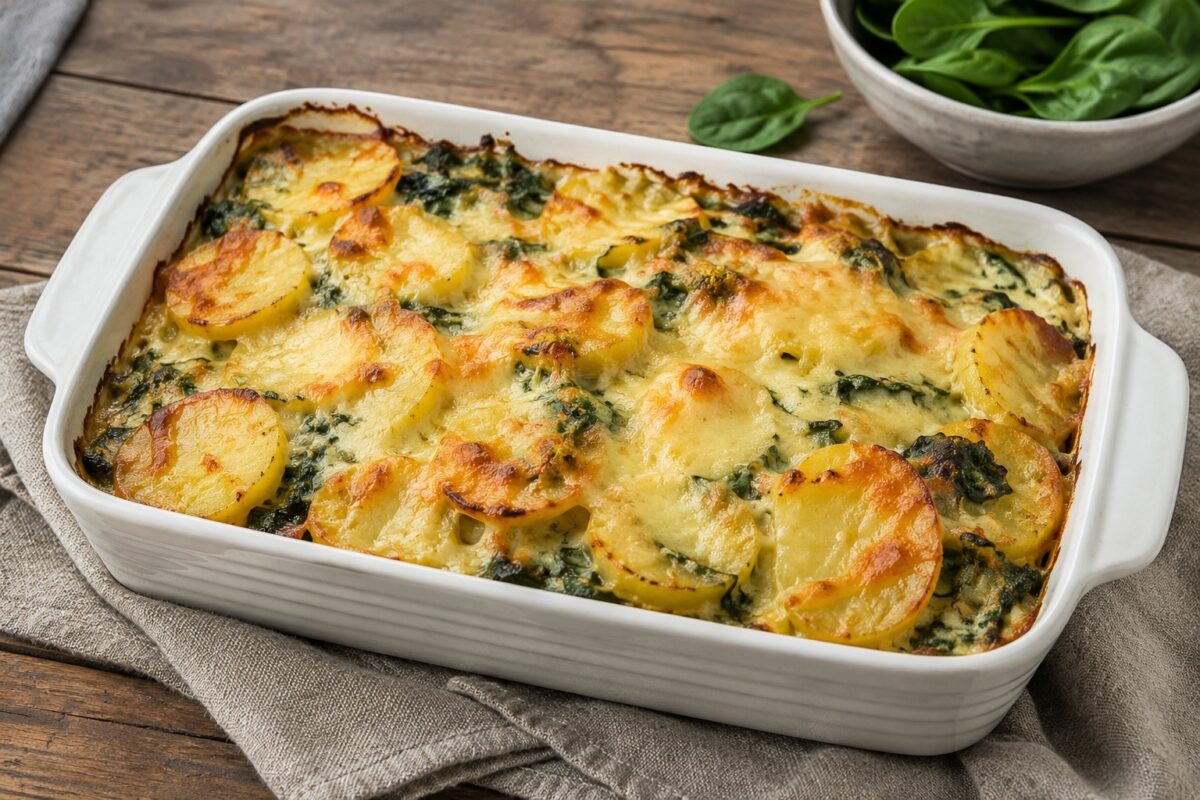 Goldbraun überbackenes Spinat-Kartoffel-Gratin mit sichtbaren Kartoffelscheiben und cremiger Käseoberfläche.