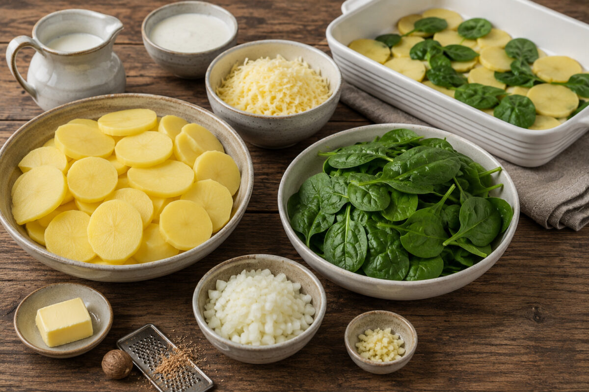 Zutaten- und Vorbereitungsansicht mit Kartoffelscheiben, frischem Spinat, geriebenem Gouda, Sahne, Milch, Zwiebel, Knoblauch, Butter und Muskat in derselben rustikalen Bildwelt wie das Hauptbild.