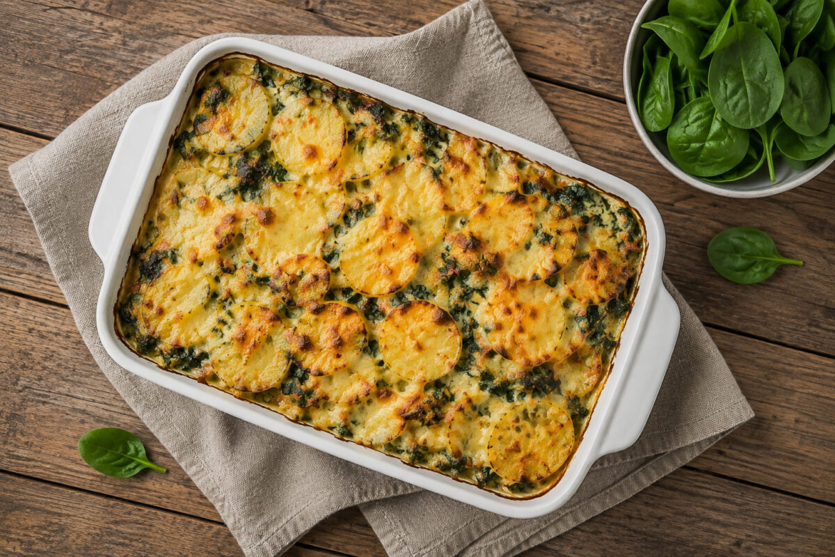 Fertiges Spinat-Kartoffel-Gratin mit goldbrauner Gouda-Kruste aus deutlich höherer, alternativer Perspektive in der weißen Auflaufform.