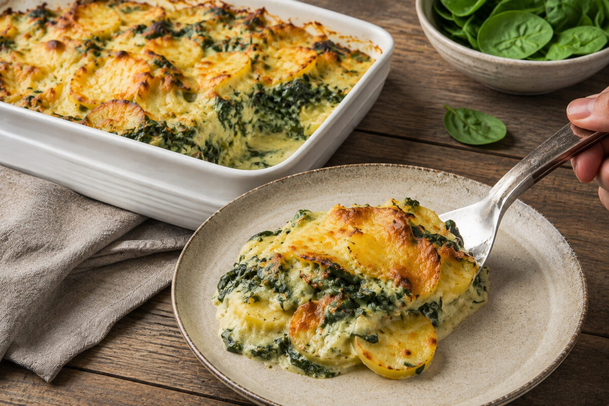 Servierszene mit einer herausgenommenen Portion des cremigen Spinat-Kartoffel-Gratins und sichtbaren Kartoffel-, Spinat- und Gouda-Schichten.