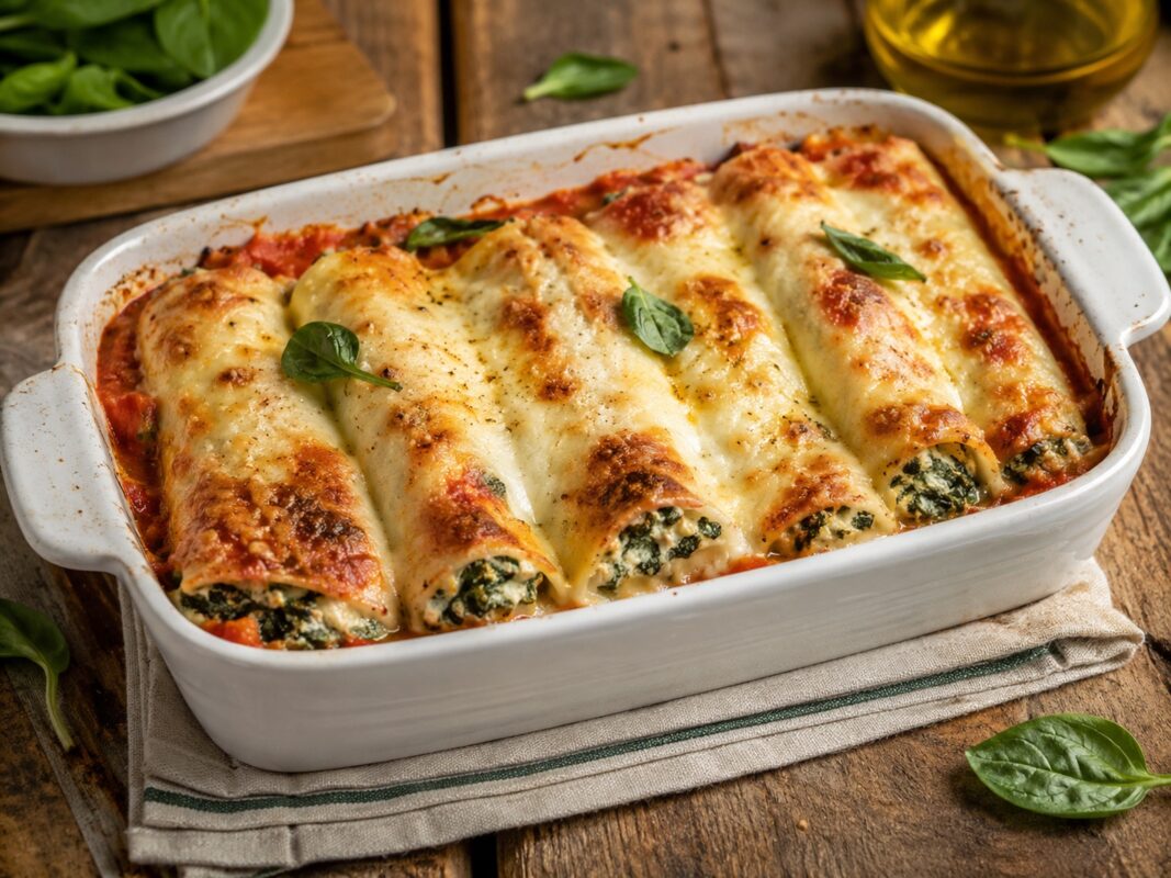 Weiße Auflaufform mit goldbraun überbackenen Cannelloni, Tomatensauce und sichtbar grüner Spinat-Ricotta-Füllung.