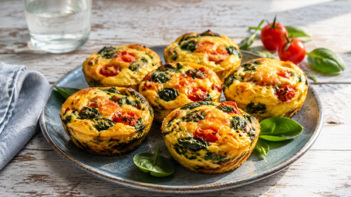 Hauptansicht des fertigen Gerichts. Rezept: Spinat-Tomaten-Eiermuffins
