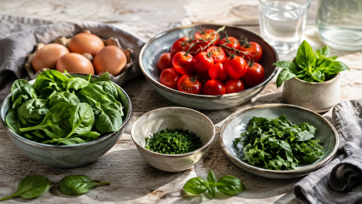 Zutaten- und Vorbereitungsansicht. Rezept: Spinat-Tomaten-Eiermuffins