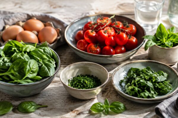 Zutaten- und Vorbereitungsansicht. Rezept: Spinat-Tomaten-Eiermuffins