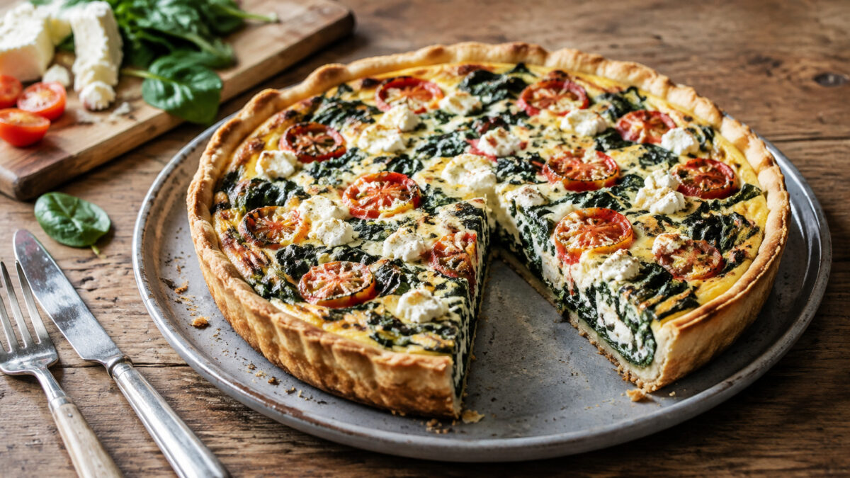 Hauptansicht des fertigen Gerichts. Rezept: Spinat-Tomaten-Quiche mit laktosefreiem Feta