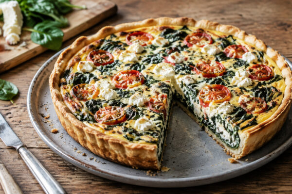 Hauptansicht des fertigen Gerichts. Rezept: Spinat-Tomaten-Quiche mit laktosefreiem Feta