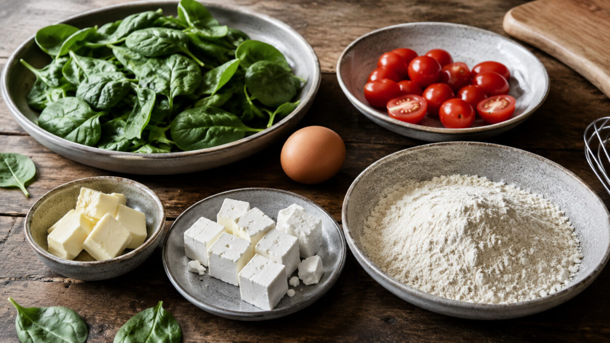 Zutaten- und Vorbereitungsansicht. Rezept: Spinat-Tomaten-Quiche mit laktosefreiem Feta