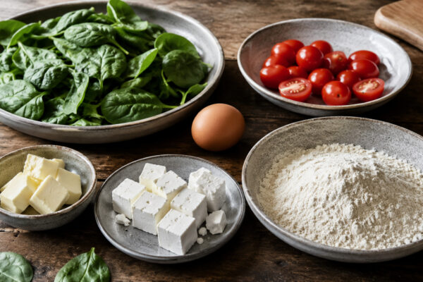 Zutaten- und Vorbereitungsansicht. Rezept: Spinat-Tomaten-Quiche mit laktosefreiem Feta