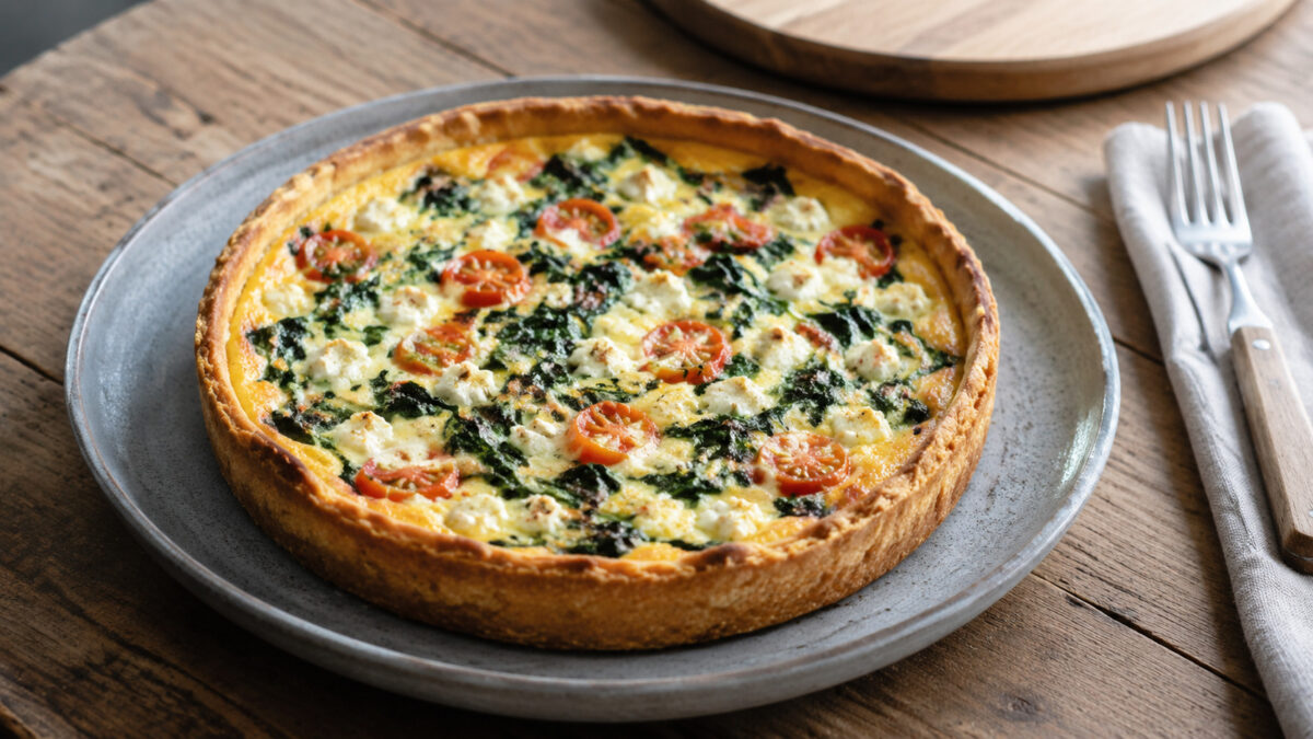 Fertiges Gericht aus alternativer Perspektive. Rezept: Spinat-Tomaten-Quiche mit laktosefreiem Feta