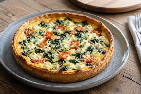 Fertiges Gericht aus alternativer Perspektive. Rezept: Spinat-Tomaten-Quiche mit laktosefreiem Feta