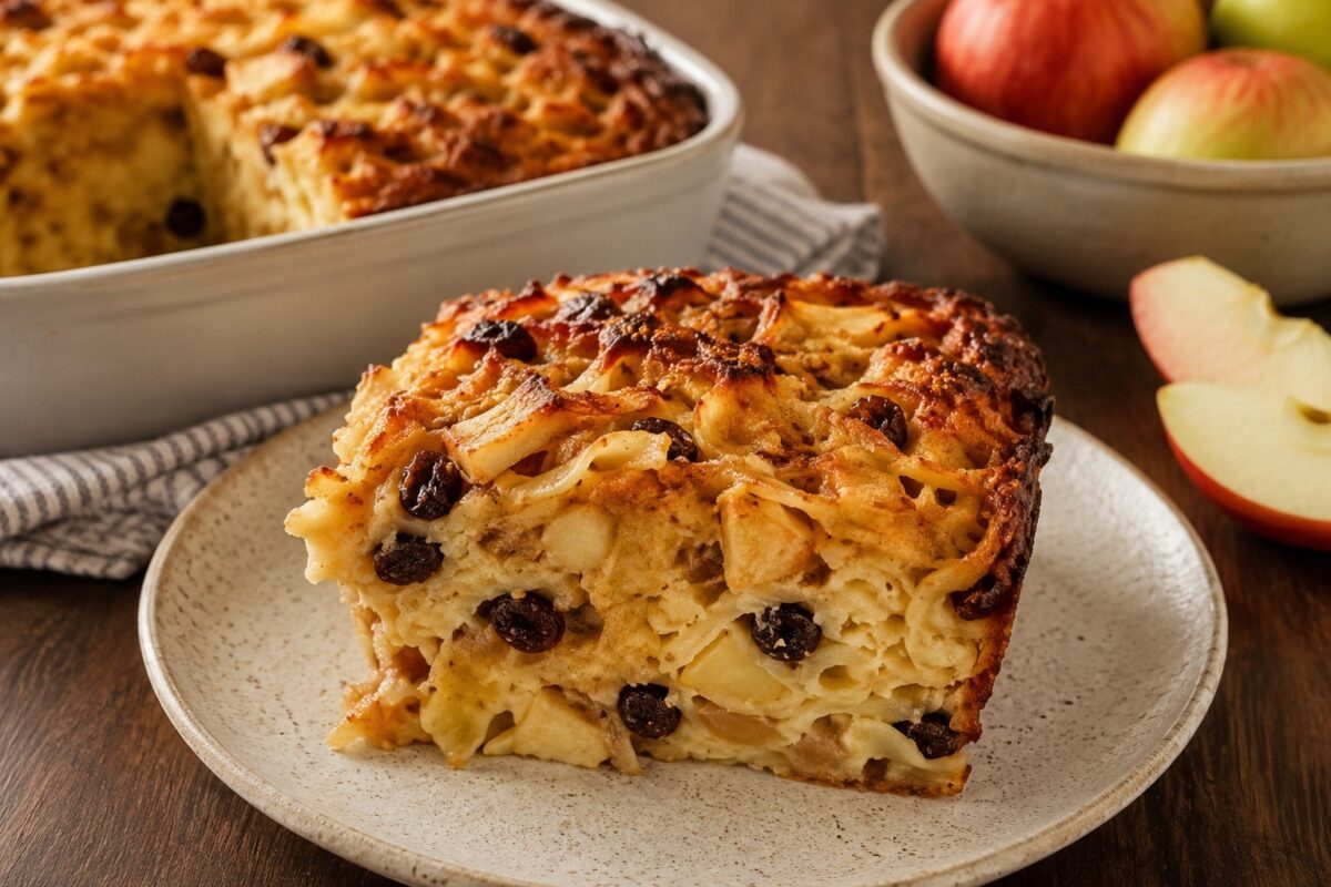Eine dicke angeschnittene Scheibe Nudel-Kugel mit sichtbaren Apfelstücken und Rosinen auf einer hellen Platte, dahinter die Auflaufform und eine Schale mit Äpfeln.