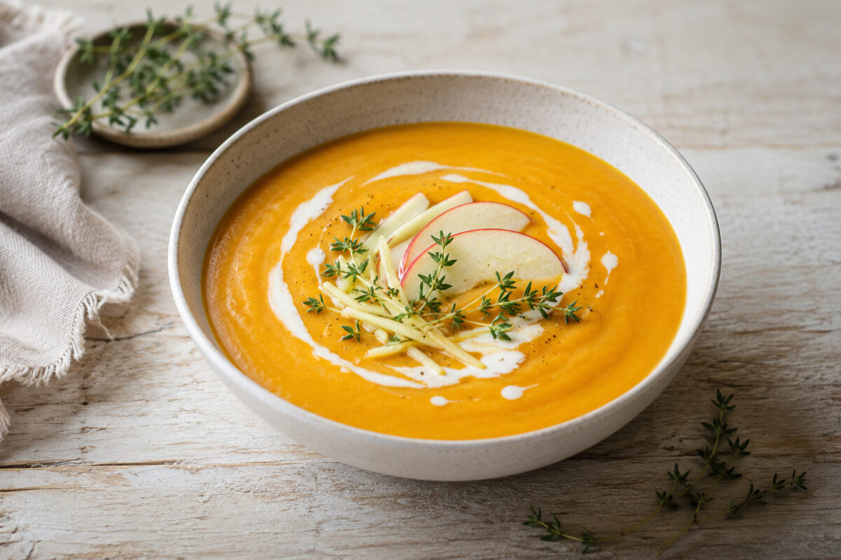 Fertige Süßkartoffel-Apfel-Suppe mit Ingwer in heller Keramikschale, garniert mit Apfel, Ingwer, Thymian und einem dezenten Kokosmilch-Swirl.