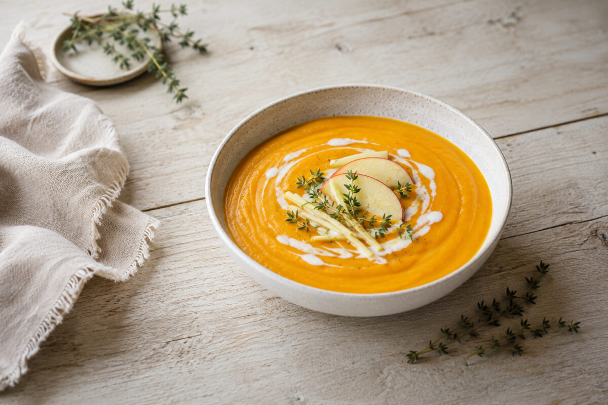Fertige Süßkartoffel-Apfel-Suppe mit Ingwer aus alternativer Perspektive in derselben hellen Keramik- und Lichtwelt.