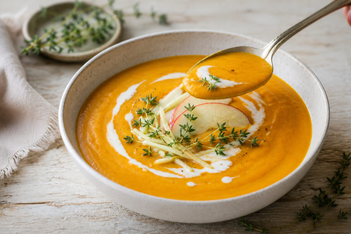 Servierdetail der fertigen Süßkartoffel-Apfel-Suppe mit angehobenem Löffel, Apfel-, Ingwer- und Thymiangarnitur.