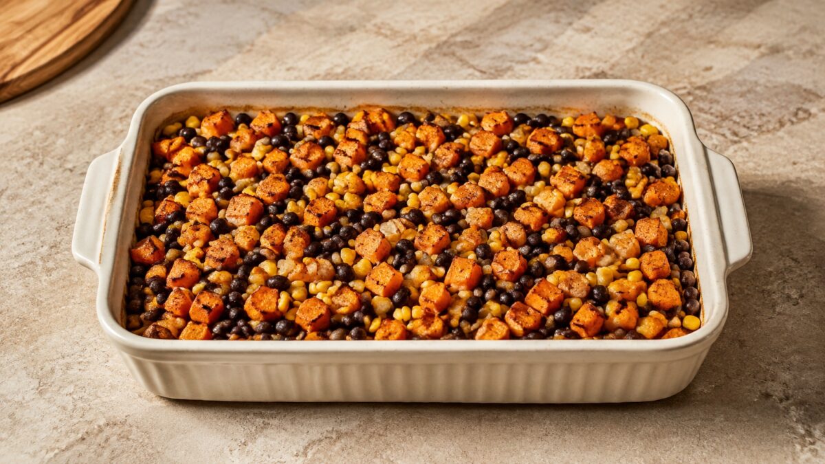 Hauptansicht des fertigen Gerichts. Rezept: Süßkartoffel-Bohnen-Auflauf mit Mais