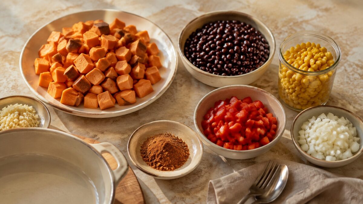 Zutaten- und Vorbereitungsansicht. Rezept: Süßkartoffel-Bohnen-Auflauf mit Mais