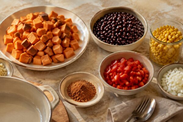 Zutaten- und Vorbereitungsansicht. Rezept: Süßkartoffel-Bohnen-Auflauf mit Mais