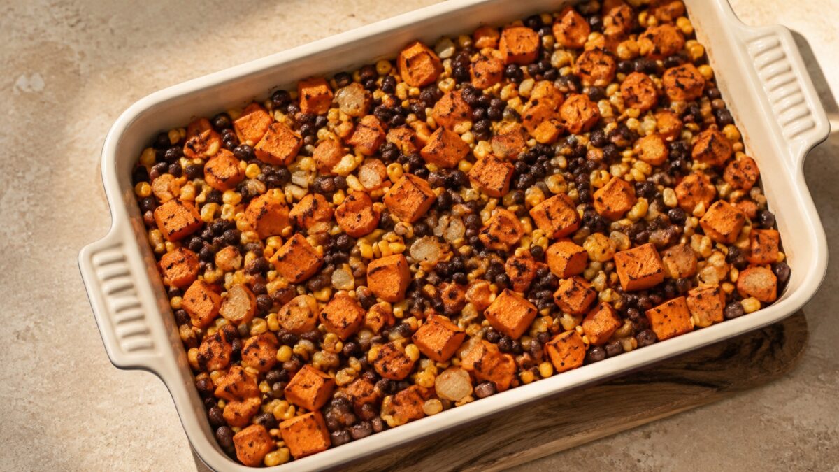 Fertiges Gericht aus alternativer Perspektive. Rezept: Süßkartoffel-Bohnen-Auflauf mit Mais