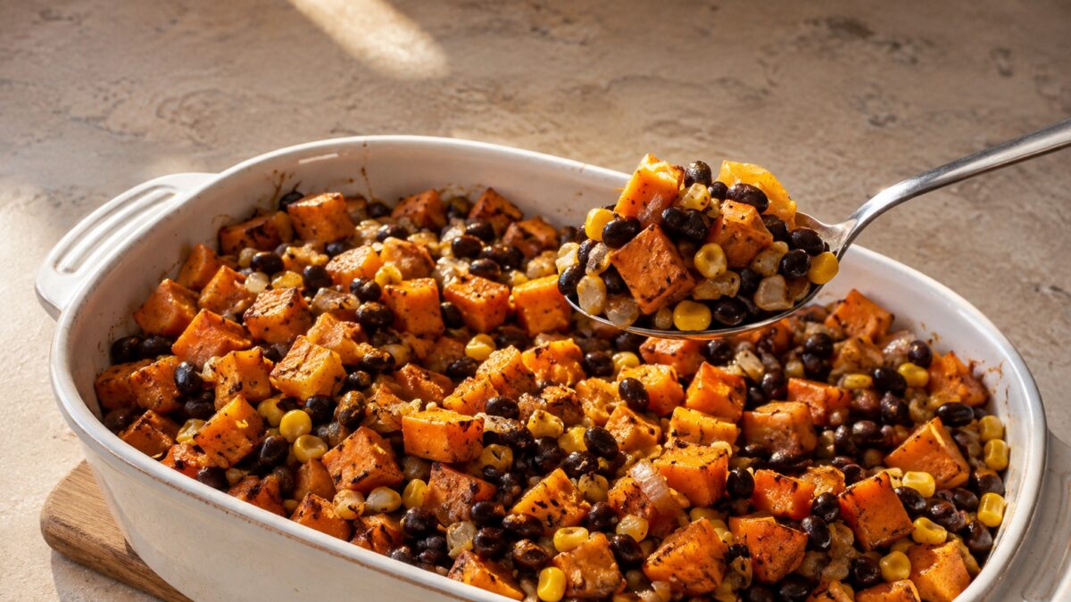 Servierszene mit dem fertigen Gericht. Rezept: Süßkartoffel-Bohnen-Auflauf mit Mais
