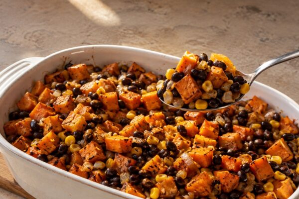 Servierszene mit dem fertigen Gericht. Rezept: Süßkartoffel-Bohnen-Auflauf mit Mais
