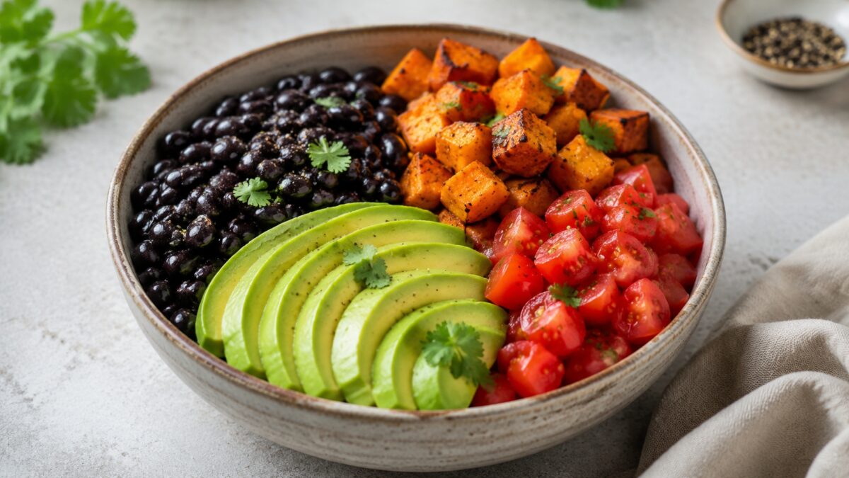 Hauptansicht des fertigen Gerichts: Echte Bowl mit klar getrennten Segmenten aus schwarze Bohnen, Süßkartoffeln und Avocado und Tomaten; Zutaten erst beim Essen mischbar und optisch deutlich voneinander abgegrenzt. Das gesamte Gericht zentral und 4:3-cro…