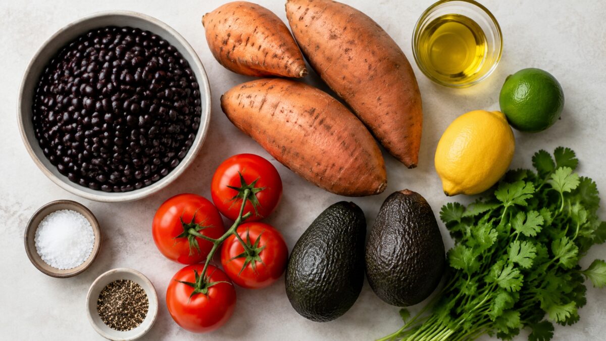 Übersicht aller Zutaten für „Süßkartoffel-Bohnen-Bowl mit Avocado“ auf heller Arbeitsfläche, sauber gruppiert, ohne Verpackungsschrift und ohne fertiges Gericht.