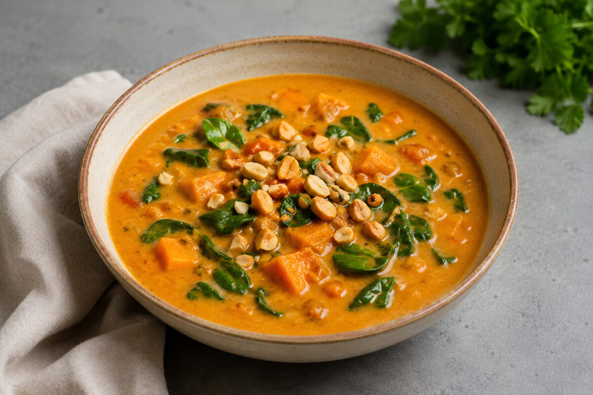 Cremige Süßkartoffel-Erdnuss-Suppe mit Spinat, Süßkartoffelwürfeln und gehackten Erdnüssen in einer Keramikschale.