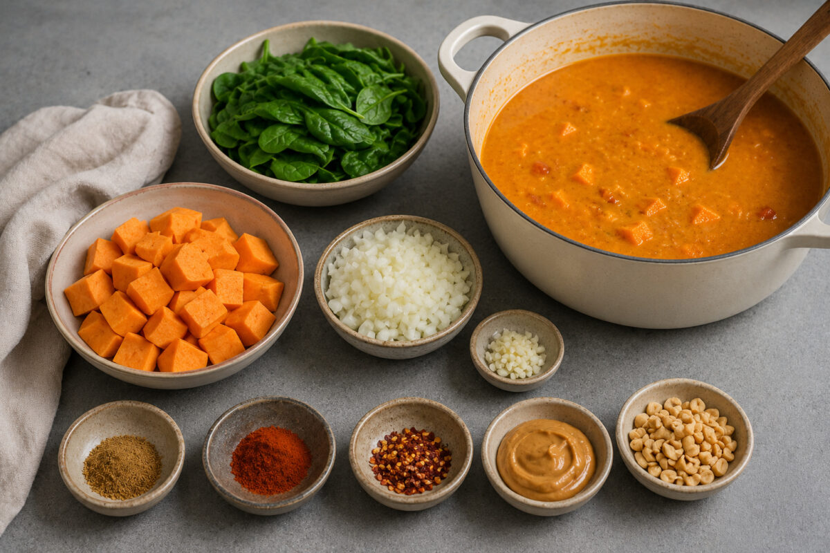 Vorbereitung für Süßkartoffel-Erdnuss-Suppe mit Süßkartoffelwürfeln, Spinat, Zwiebeln, Knoblauch, Gewürzen, Erdnussmus und Erdnüssen.