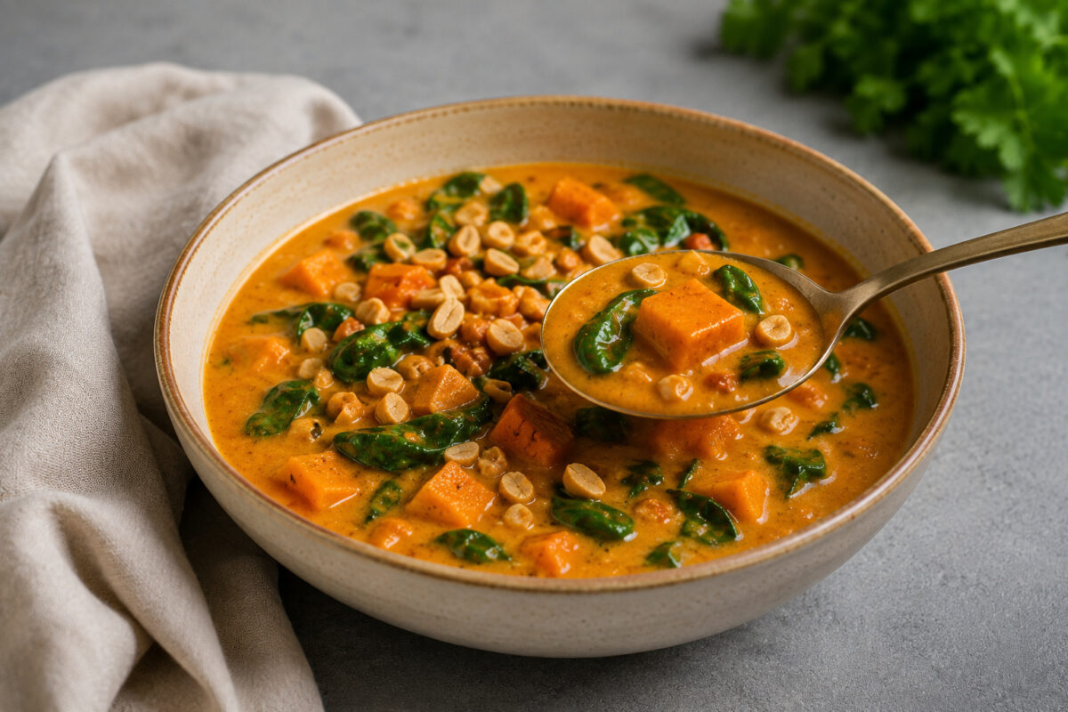 Süßkartoffel-Erdnuss-Suppe mit Spinat und Erdnüssen; ein Löffel zeigt die cremige Suppe mit einem Süßkartoffelwürfel.
